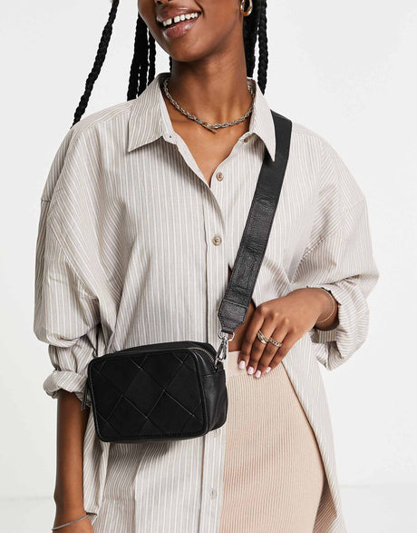 Asos Design Leather Camera Crossbody Bag With Weave In Black