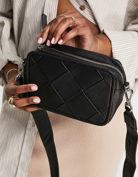 Asos Design Leather Camera Crossbody Bag With Weave In Black