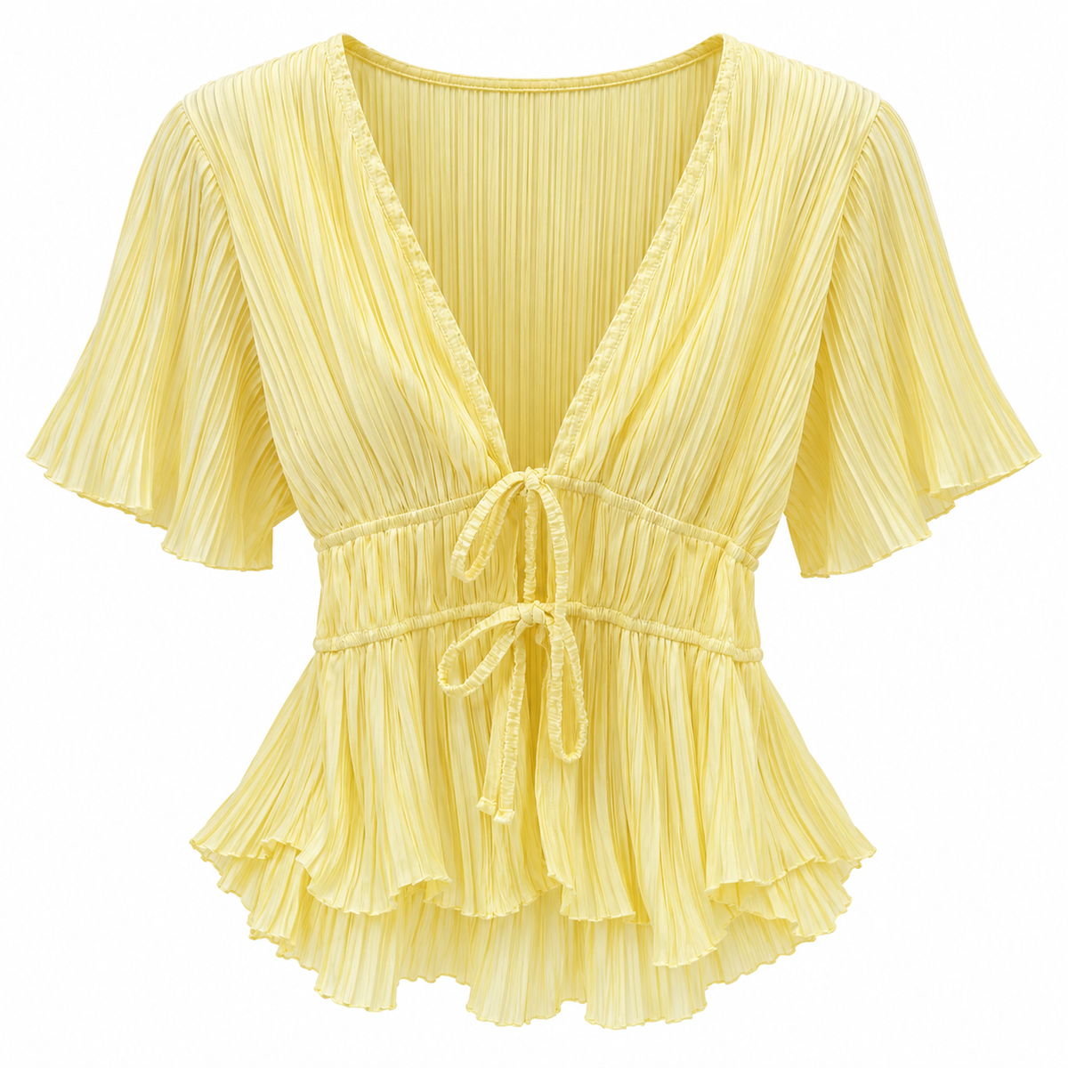 Asos Design Double Tie Short Sleeve Plisse Top In Yellow