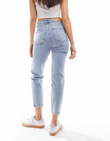 Stradivarius Organic Cotton Slim Mom Jean With Stretch In Washed Blue