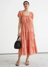Other Stories Cotton Tiered Smock Midi Dress With Open Back In Orange