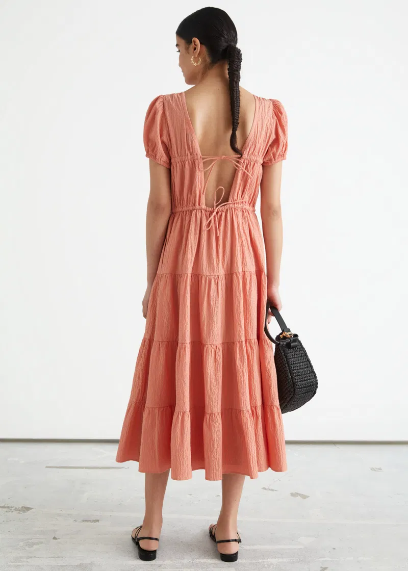 Other Stories Cotton Tiered Smock Midi Dress With Open Back In Orange