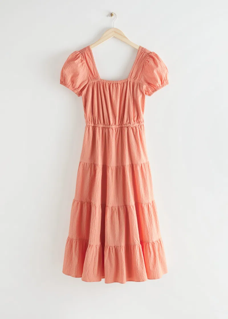 Other Stories Cotton Tiered Smock Midi Dress With Open Back In Orange