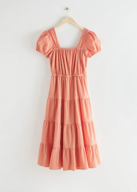 Other Stories Cotton Tiered Smock Midi Dress With Open Back In Orange
