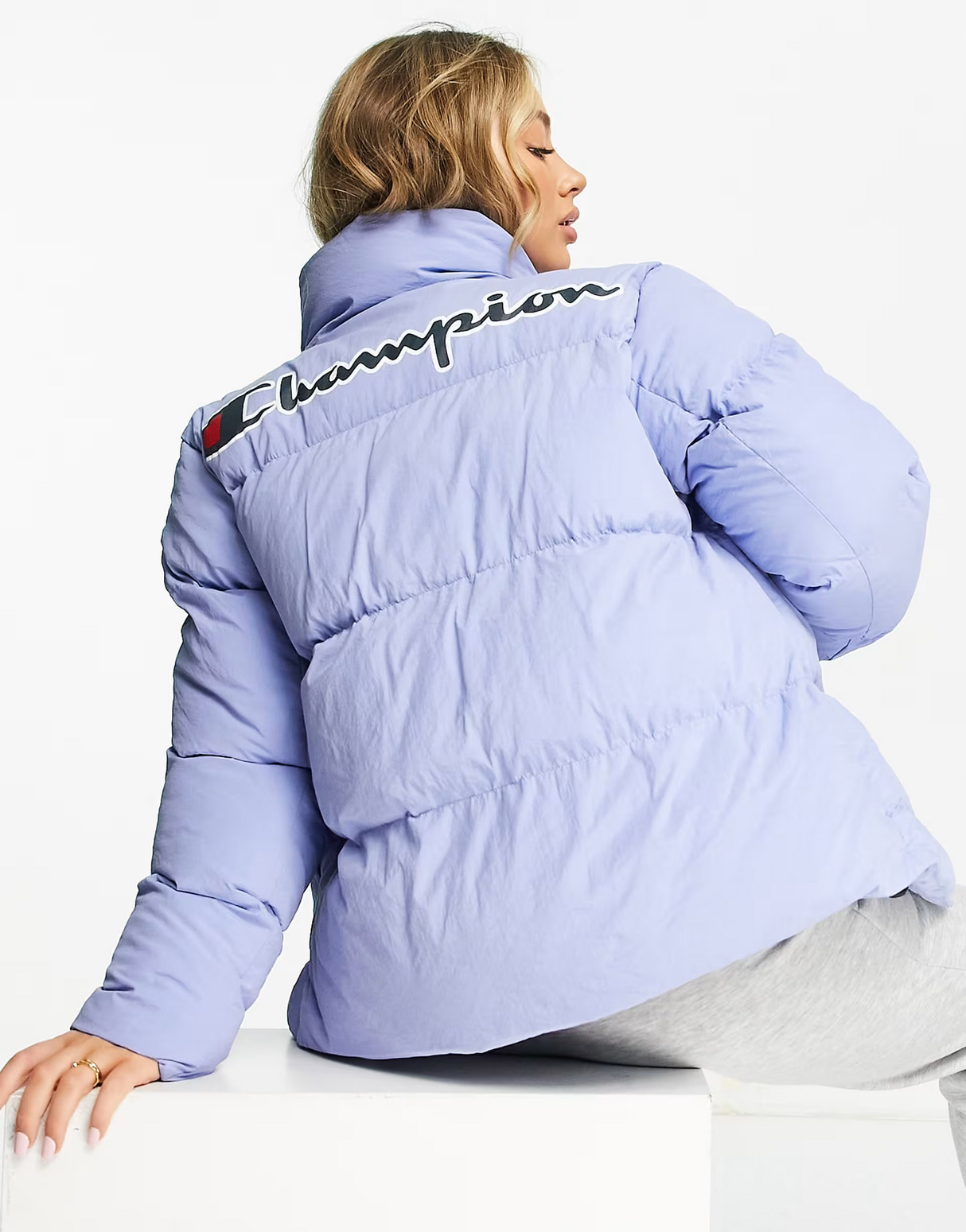 Champion Small Logo Cropped Puffer Jacket In Blue