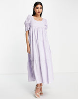 Ghospell Midaxi Smock Dress With Tie Back And Tiers In Lilac
