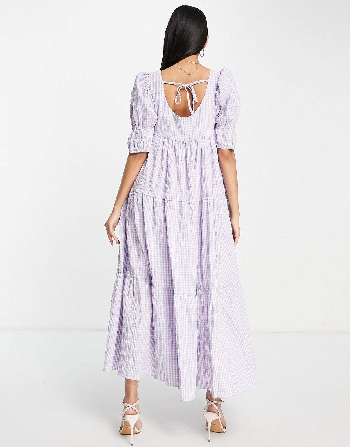 Ghospell Midaxi Smock Dress With Tie Back And Tiers In Lilac
