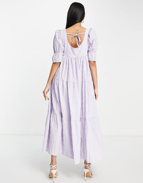 Ghospell Midaxi Smock Dress With Tie Back And Tiers In Lilac