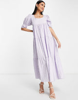 Ghospell Midaxi Smock Dress With Tie Back And Tiers In Lilac