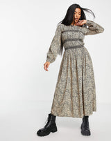 Asos Design Long Sleeve Shirred Midi Dress In Animal Print