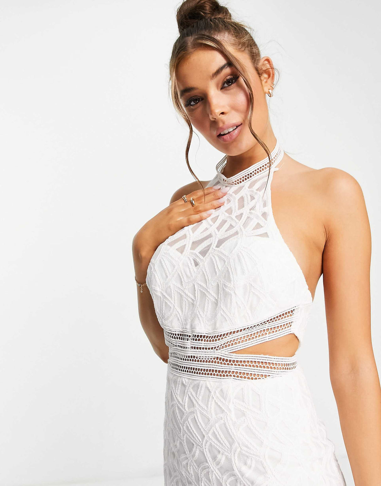 Bardot Cut Out Broderie Midi Dress With Sheer Overlay In Ivory
