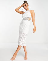 Bardot Cut Out Broderie Midi Dress With Sheer Overlay In Ivory