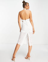 Bardot Cut Out Broderie Midi Dress With Sheer Overlay In Ivory