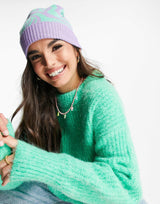 Asos Design Jacquard Knit Beanie Purple And Green Zebra Print
