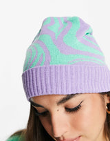 Asos Design Jacquard Knit Beanie Purple And Green Zebra Print