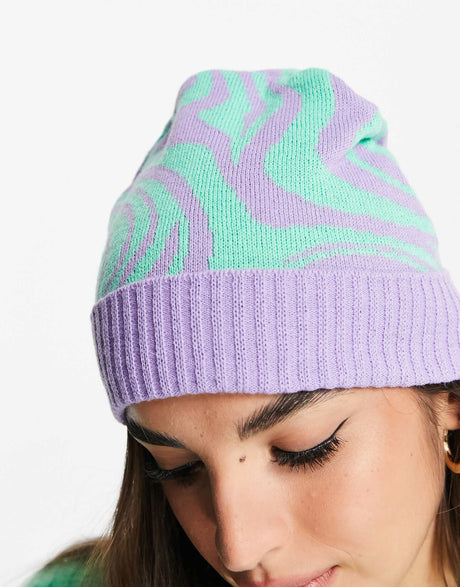 Asos Design Jacquard Knit Beanie Purple And Green Zebra Print