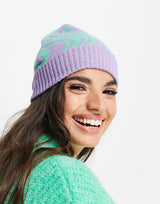 Asos Design Jacquard Knit Beanie Purple And Green Zebra Print