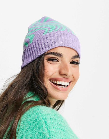 Asos Design Jacquard Knit Beanie Purple And Green Zebra Print