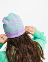 Asos Design Jacquard Knit Beanie Purple And Green Zebra Print