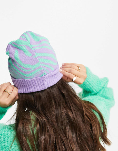 Asos Design Jacquard Knit Beanie Purple And Green Zebra Print