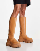 Asos Design Counter Premium Leather Chunky Pull On Boots In Camel