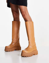 Asos Design Counter Premium Leather Chunky Pull On Boots In Camel