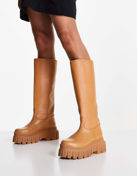 Asos Design Counter Premium Leather Chunky Pull On Boots In Camel