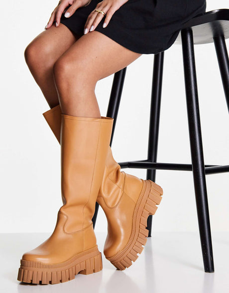 Asos Design Counter Premium Leather Chunky Pull On Boots In Camel