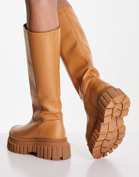 Asos Design Counter Premium Leather Chunky Pull On Boots In Camel