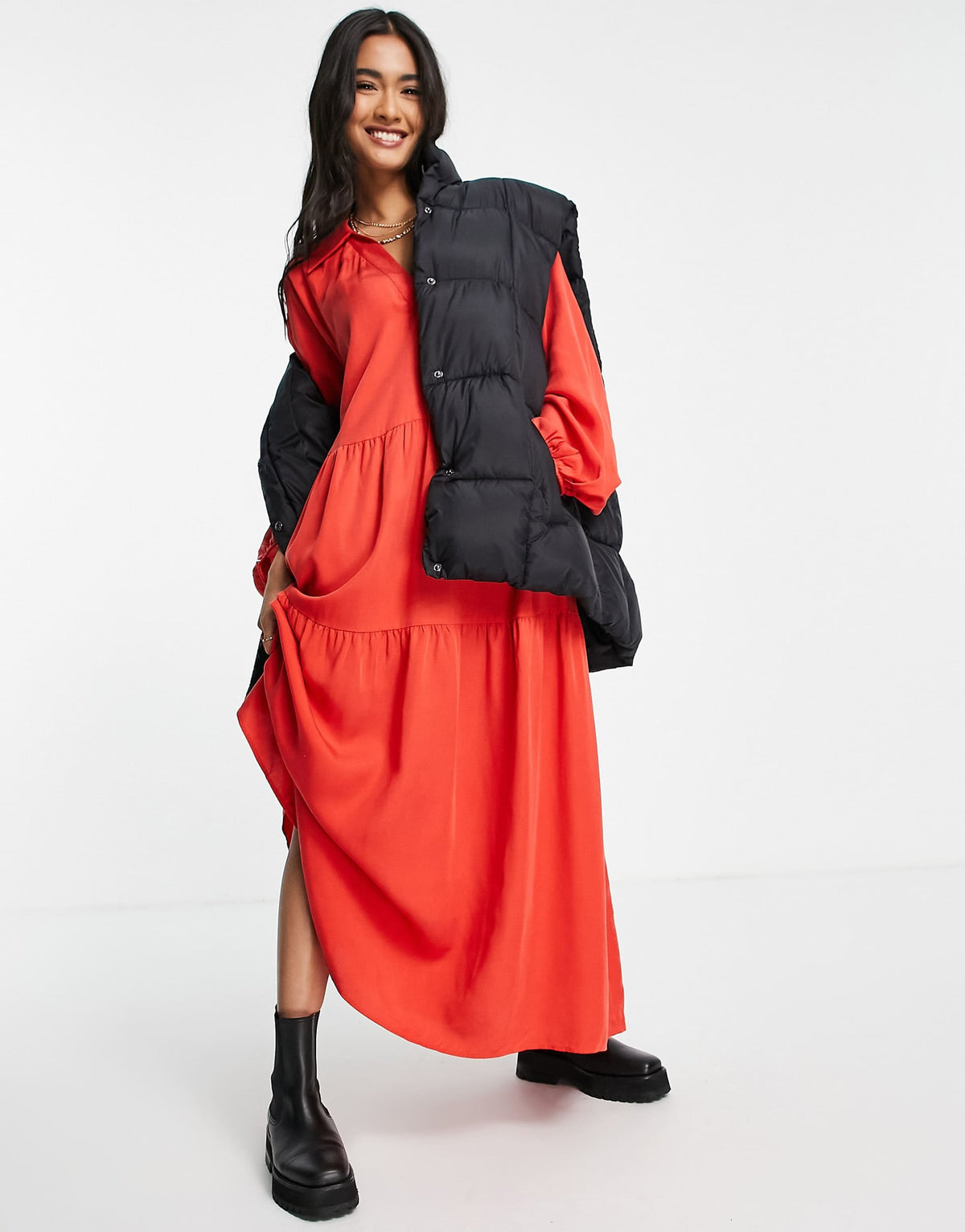 & Other Stories Long Sleeve Smock Maxi Dress In Red