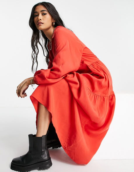 & Other Stories Long Sleeve Smock Maxi Dress In Red