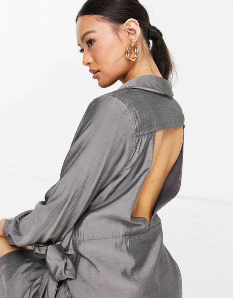Na-Kd Open Back Knot Mini Dress In Dark Grey