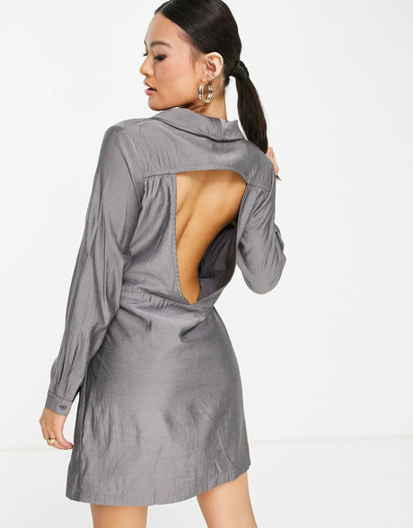 Na-Kd Open Back Knot Mini Dress In Dark Grey
