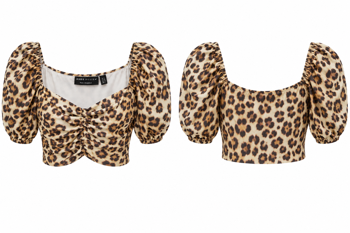 Asos Design Ruched Top With Puff Sleeve In Animal