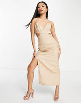 Bardot Ultra Cut Out Peekaboo Midi Dress With Thigh Split In Bone