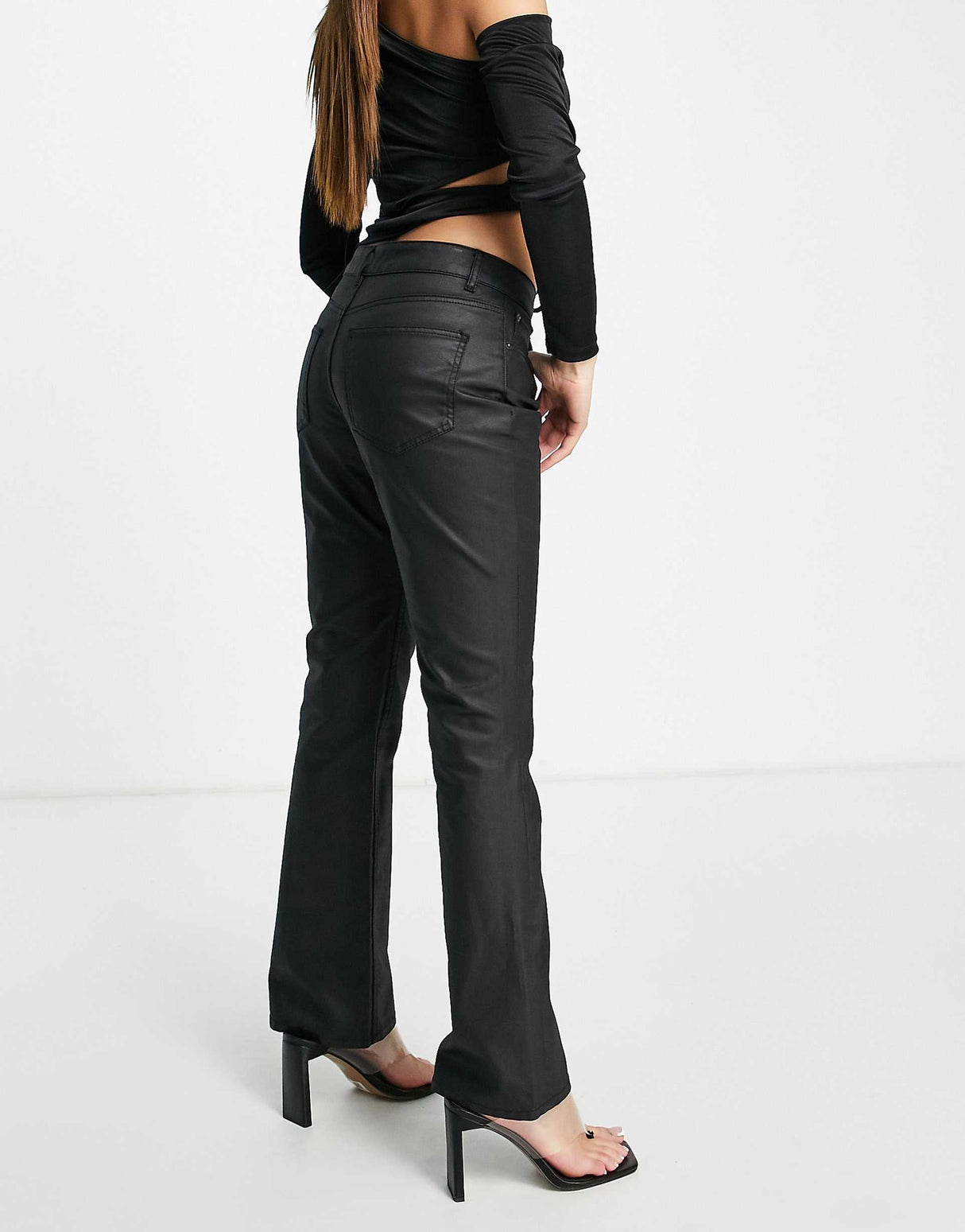 Asos Design Low Rise Flare Jean In Black Coated