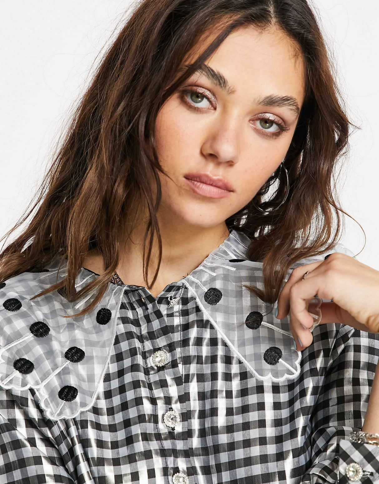 Sister Jane Mini Smock Dress With Bib Collar In Shiny Check