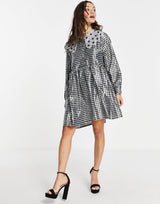 Sister Jane Mini Smock Dress With Bib Collar In Shiny Check