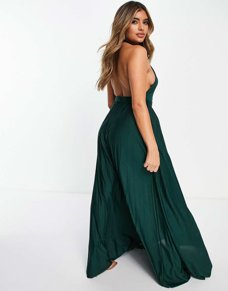 Asos Design Halter Belted Pleated Maxi Dress In Forest Green