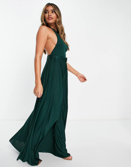 Asos Design Halter Belted Pleated Maxi Dress In Forest Green