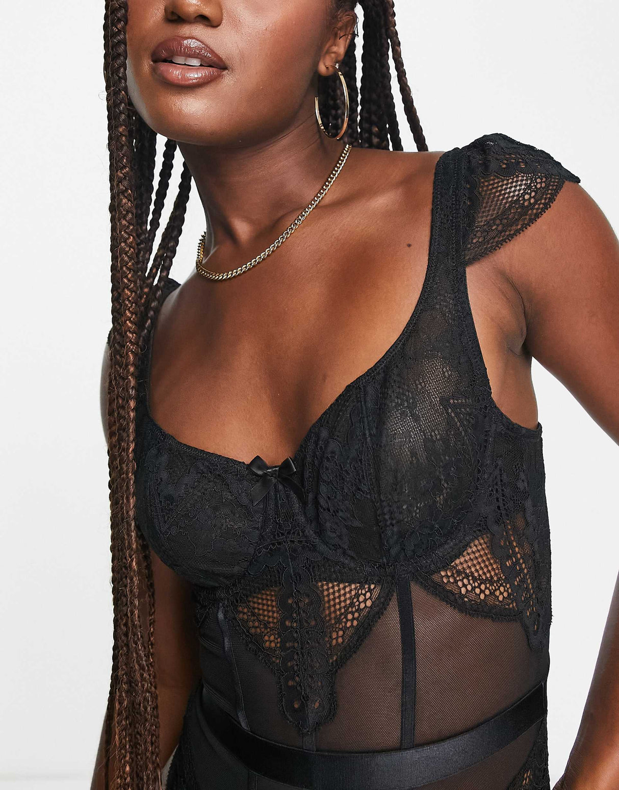 Hunkemoller Heira Lace And Mesh Underwired Bodysuit With Lace Strap Detail In Black