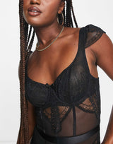 Hunkemoller Heira Lace And Mesh Underwired Bodysuit With Lace Strap Detail In Black