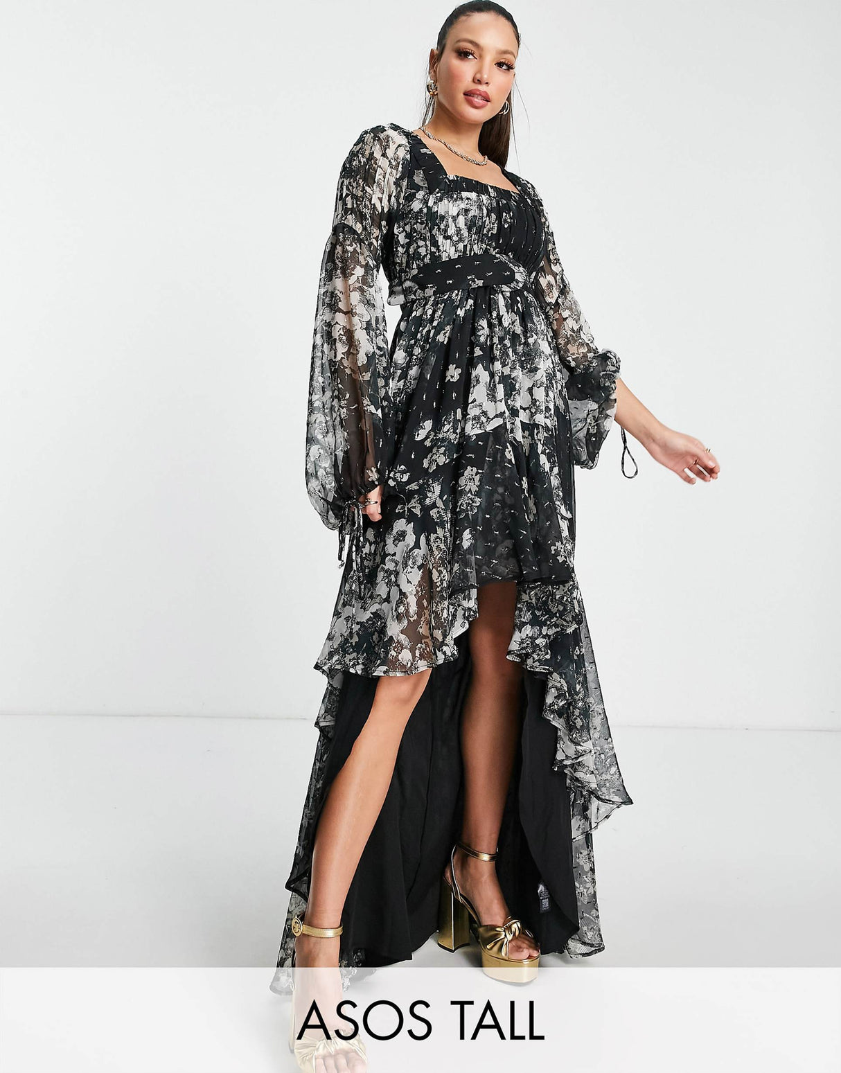 Asos Design Tall High Low Maxi Dress In Textured Chiffon Floral Print With Belt And Pintuck Detail