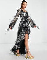 Asos Design Tall High Low Maxi Dress In Textured Chiffon Floral Print With Belt And Pintuck Detail