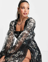 Asos Design Tall High Low Maxi Dress In Textured Chiffon Floral Print With Belt And Pintuck Detail