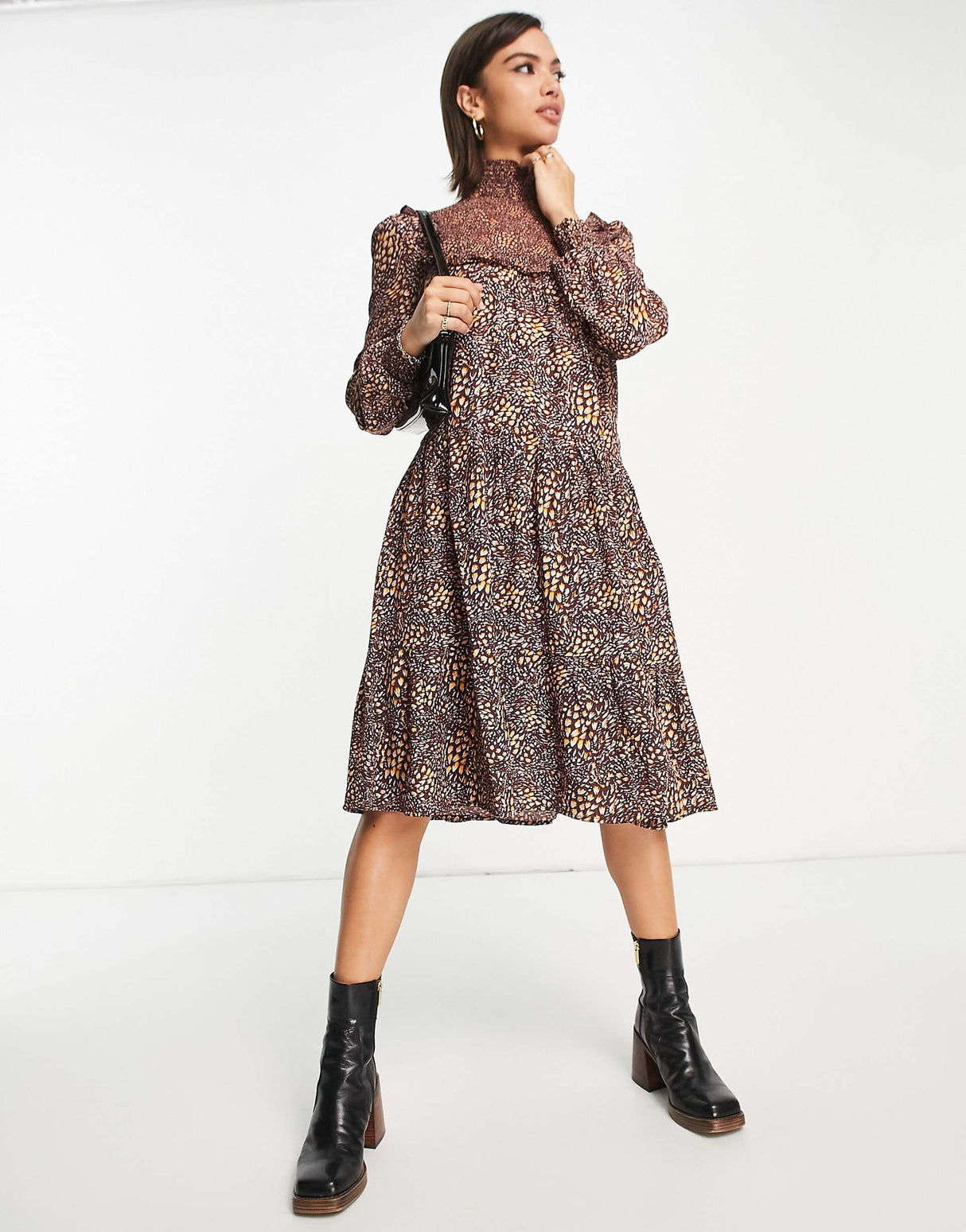 French Connection Faith Drape High Neck Tiered Midi Dress In Brown Animal Print