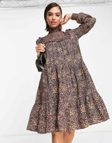 French Connection Faith Drape High Neck Tiered Midi Dress In Brown Animal Print