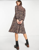 French Connection Faith Drape High Neck Tiered Midi Dress In Brown Animal Print