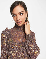 French Connection Faith Drape High Neck Tiered Midi Dress In Brown Animal Print
