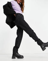 Weekday Lash Cotton Super High Waist Mom Jeans In Washed Black